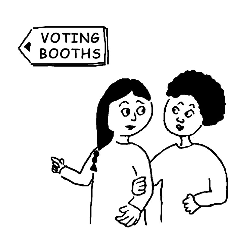 a drawing of a lady assisting another lady to the voting booth