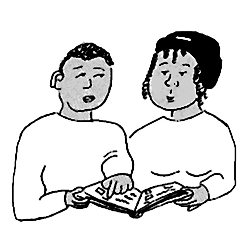 a drawing of two people looking at a book about politics