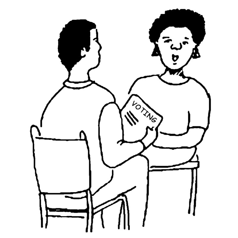 A drawing of two people sitting and talking about voting