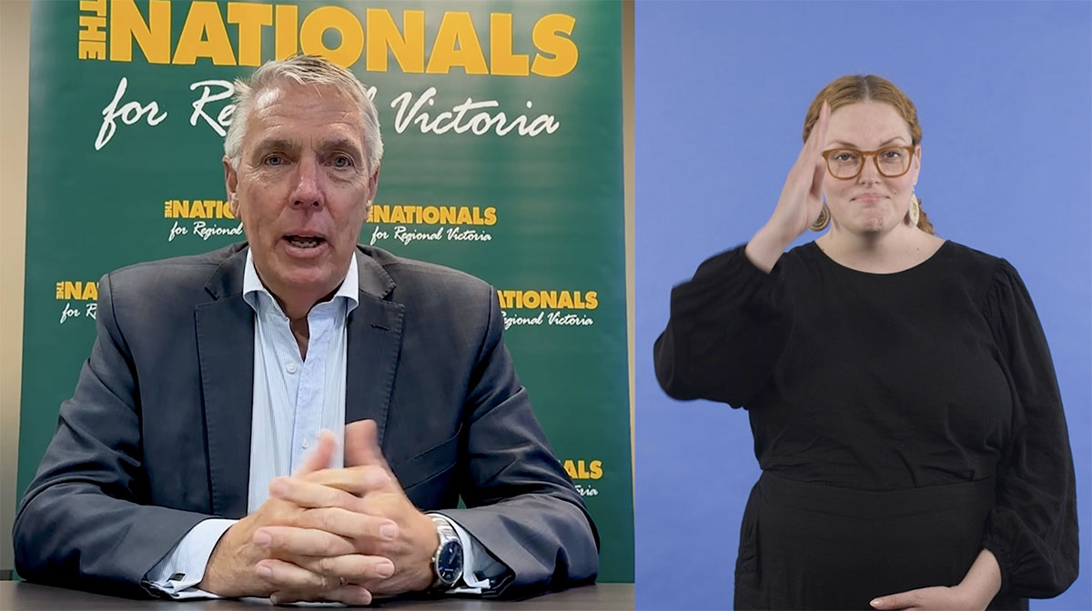 screenshot of Nationals Victorian Leader Peter Walsh on one side of screen and an Auslan interpreter on the other